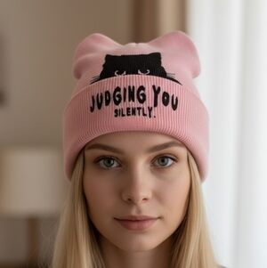 Judging You Silently Pink Cat Beanie With Cat Ears